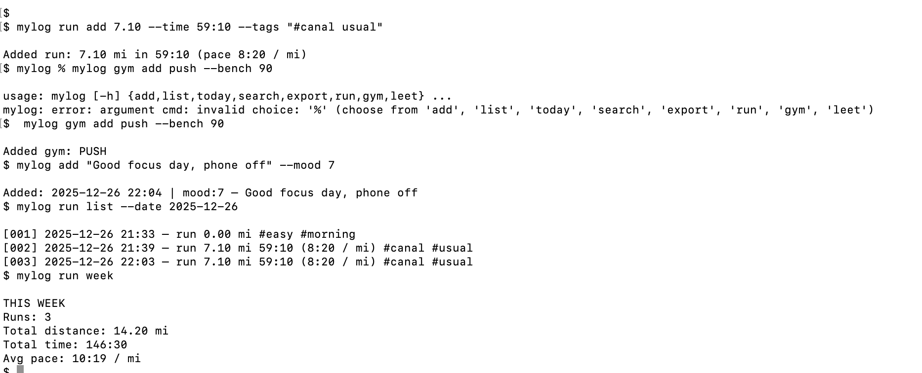 Using MyLog to log a run in the terminal